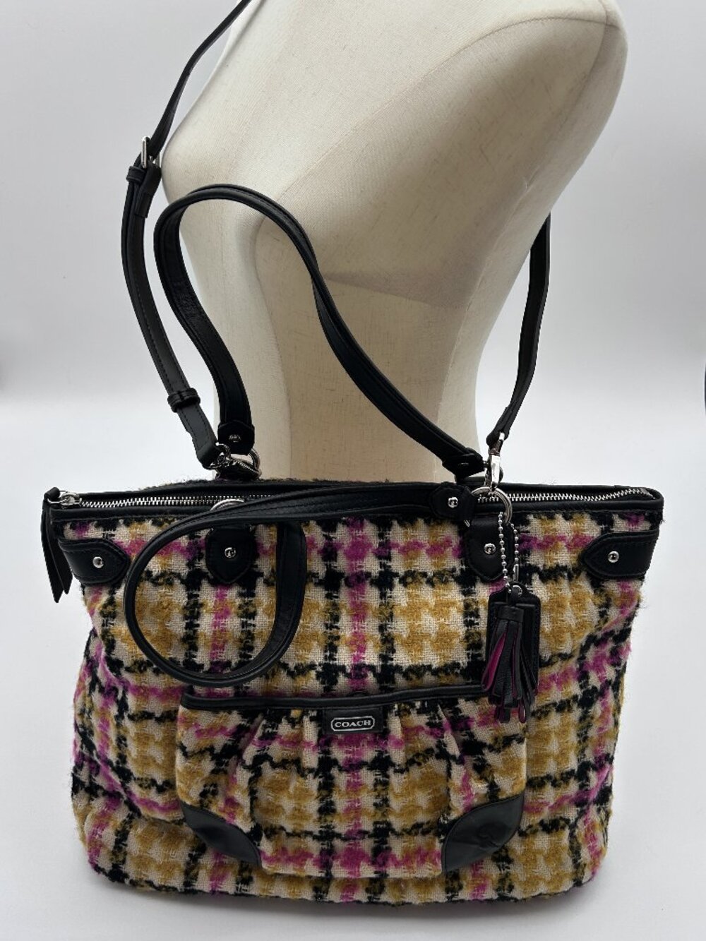 Coach Ashley Plaid Wool Carryall Satchel Bag Pink Yellow Houndstooth 14845